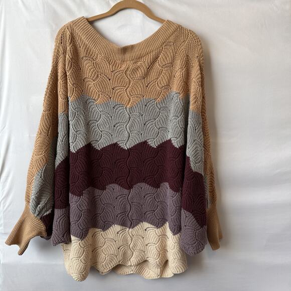 Andree By Unit NWT Women’s 1X Boho Scallop Knit Stripe Dolman Oversized Sweater - Picture 2 of 8